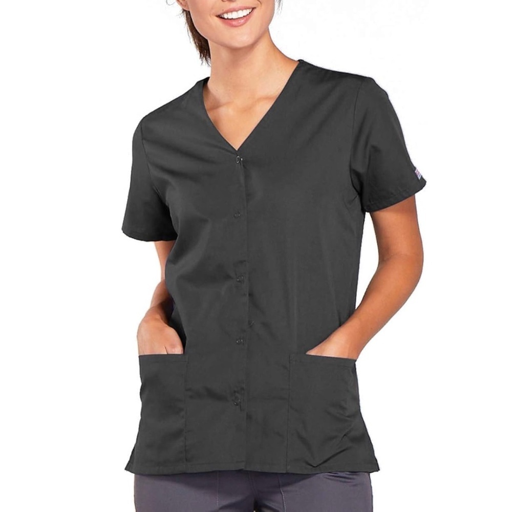 Cherokee Workwear Scrubs Snap Button Front V-Neck Short Sleeve Top